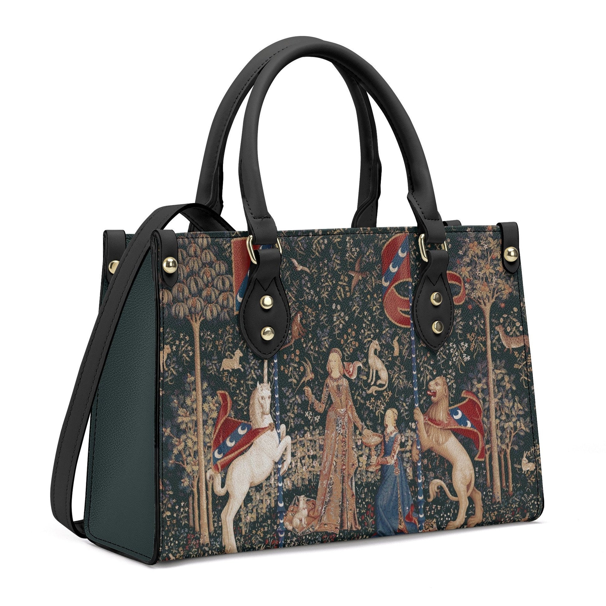 Lady with Unicorn Purse - Dark Green Handbag - Luxury Vegan Leather - With Shoulder Strap