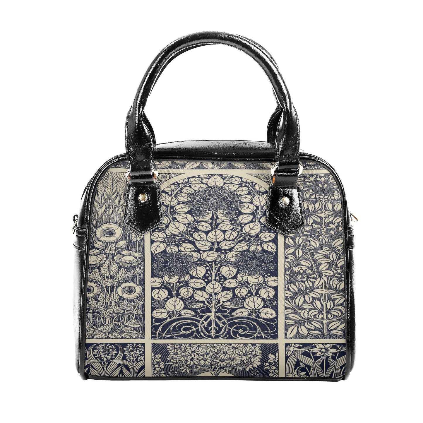 Blue Vintage Handbag- Floral Art Nouveau Purse - Beige and Indigo Vegan Leather Shoulder Handbag