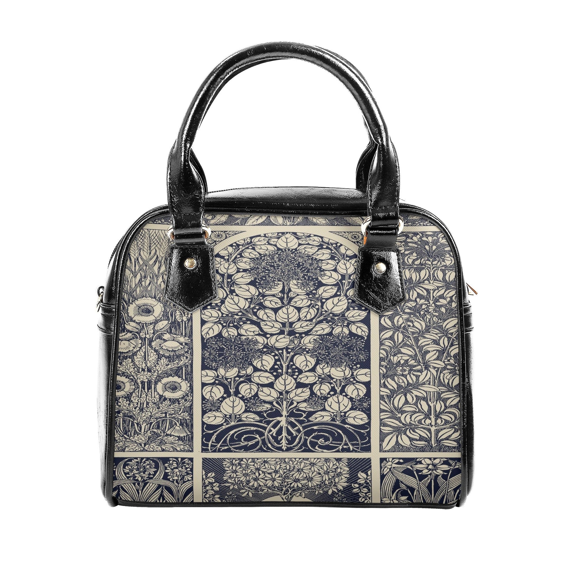 Blue Vintage Handbag- Floral Art Nouveau Purse - Beige and Indigo Vegan Leather Shoulder Handbag