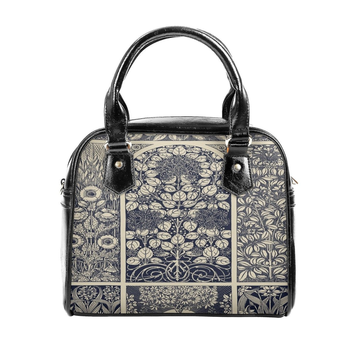 Blue Vintage Handbag- Floral Art Nouveau Purse - Beige and Indigo Vegan Leather Shoulder Handbag