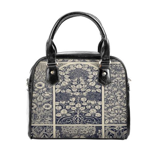 Blue Vintage Handbag- Floral Art Nouveau Purse - Beige and Indigo Vegan Leather Shoulder Handbag