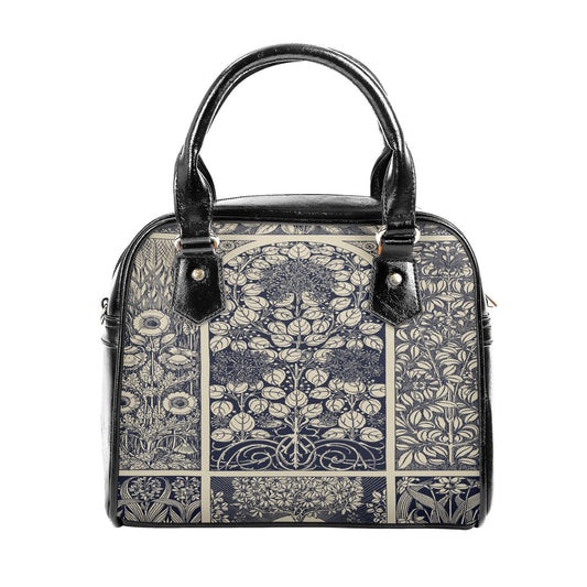 Blue Vintage Handbag- Floral Art Nouveau Purse - Beige and Indigo Vegan Leather Shoulder Handbag