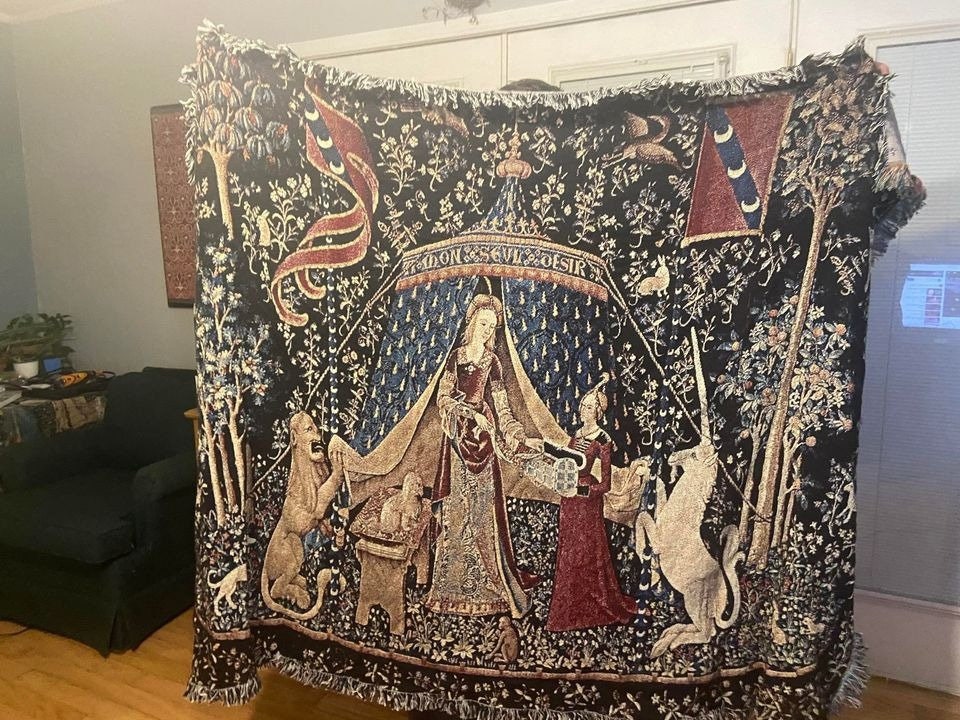 Lady and Unicorn Woven Blanket: Medieval Tapestry, Cotton Throw by DesignBohemian