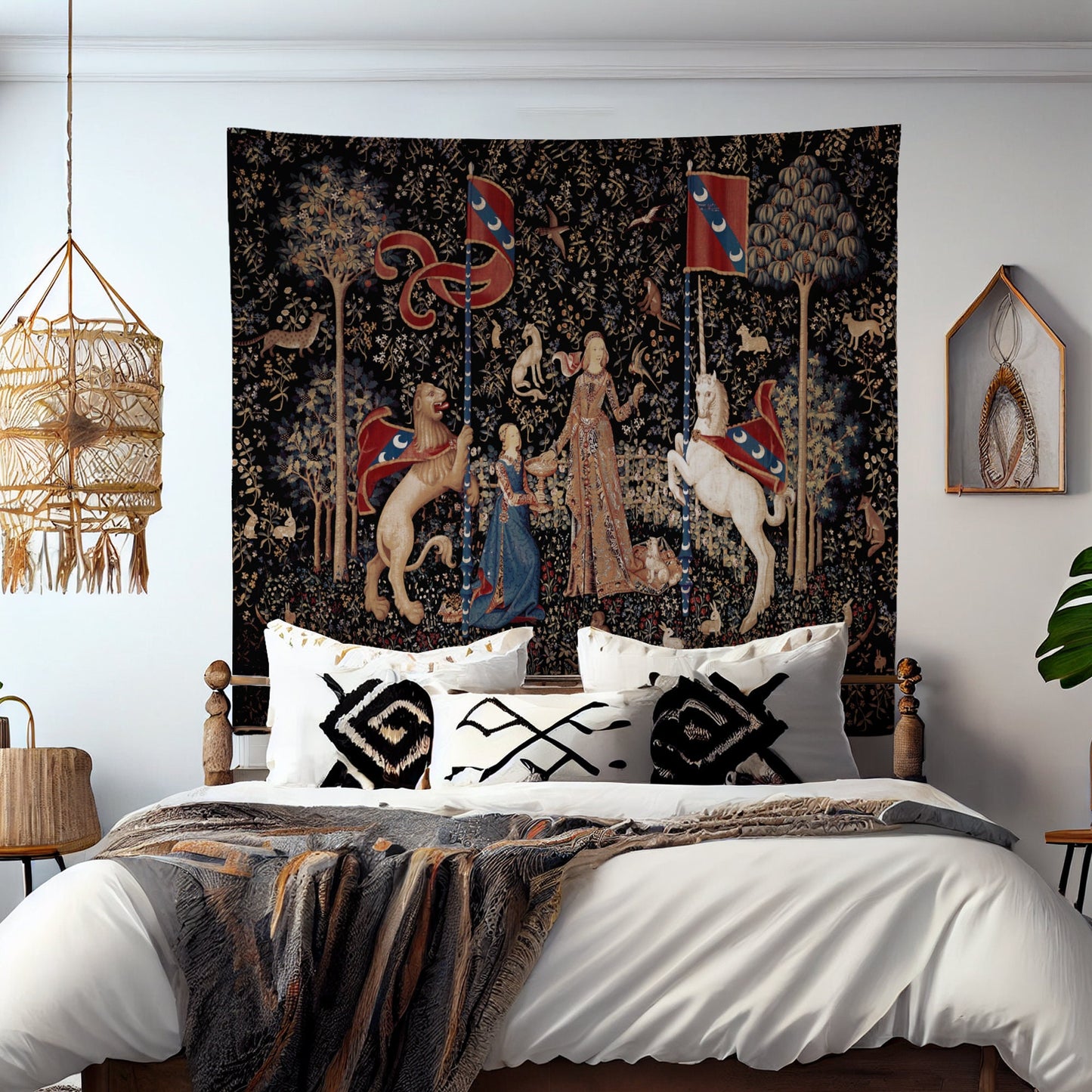 Lady With Unicorn Tapestry - Taste - Maroon and Black - Unicorn Art - Original by Raphael by DesignBohemian