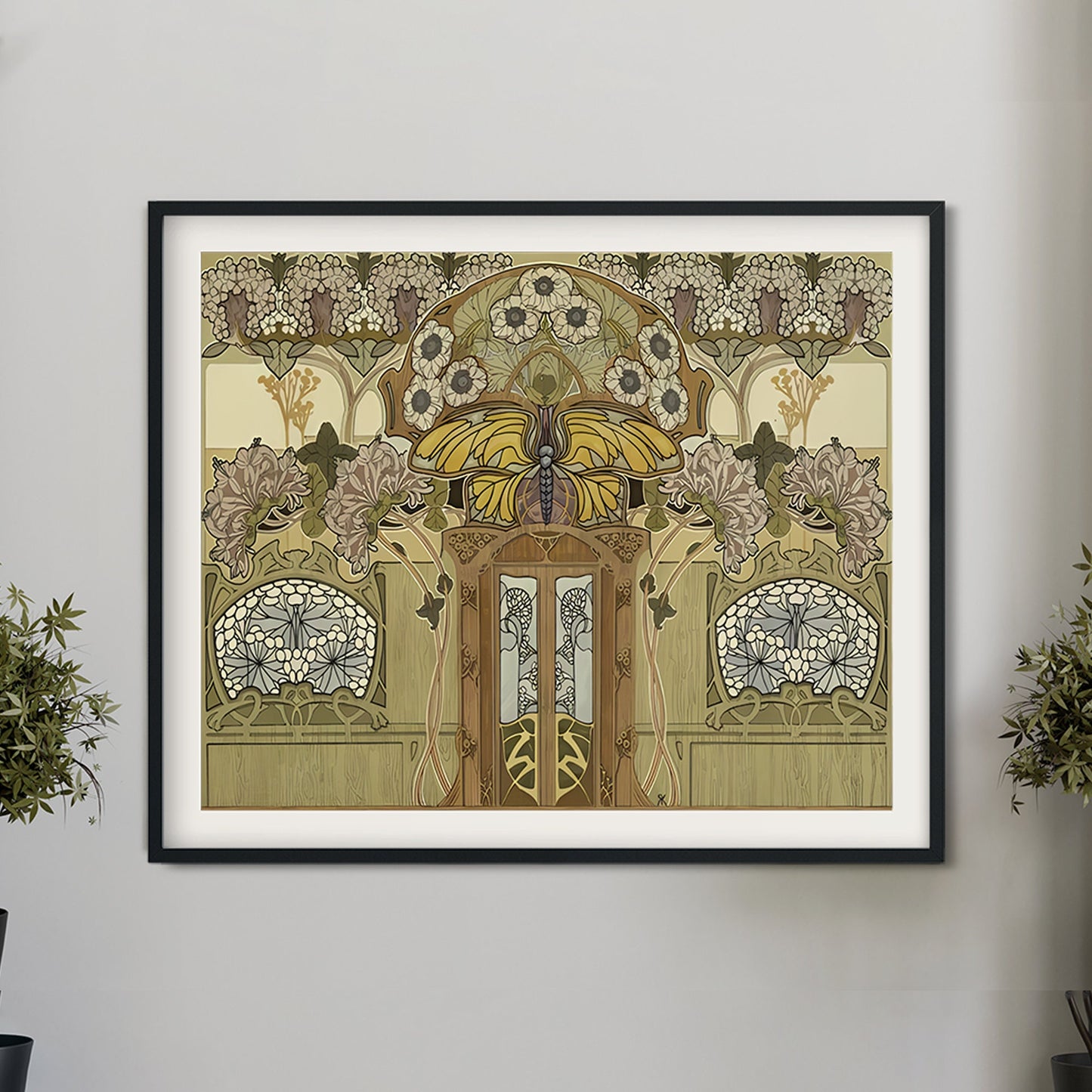 Nouveau Fleurs Print - Yellow and Beige Art - Art Nouveau Poster - Floral Print - Print Large - Paris Vintage Butterfly Stained Glass