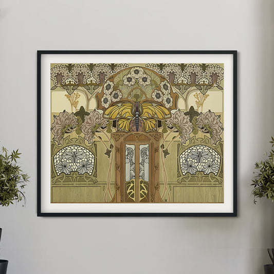 Nouveau Fleurs Print - Yellow and Beige Art - Art Nouveau Poster - Floral Print - Print Large - Paris Vintage Butterfly Stained Glass