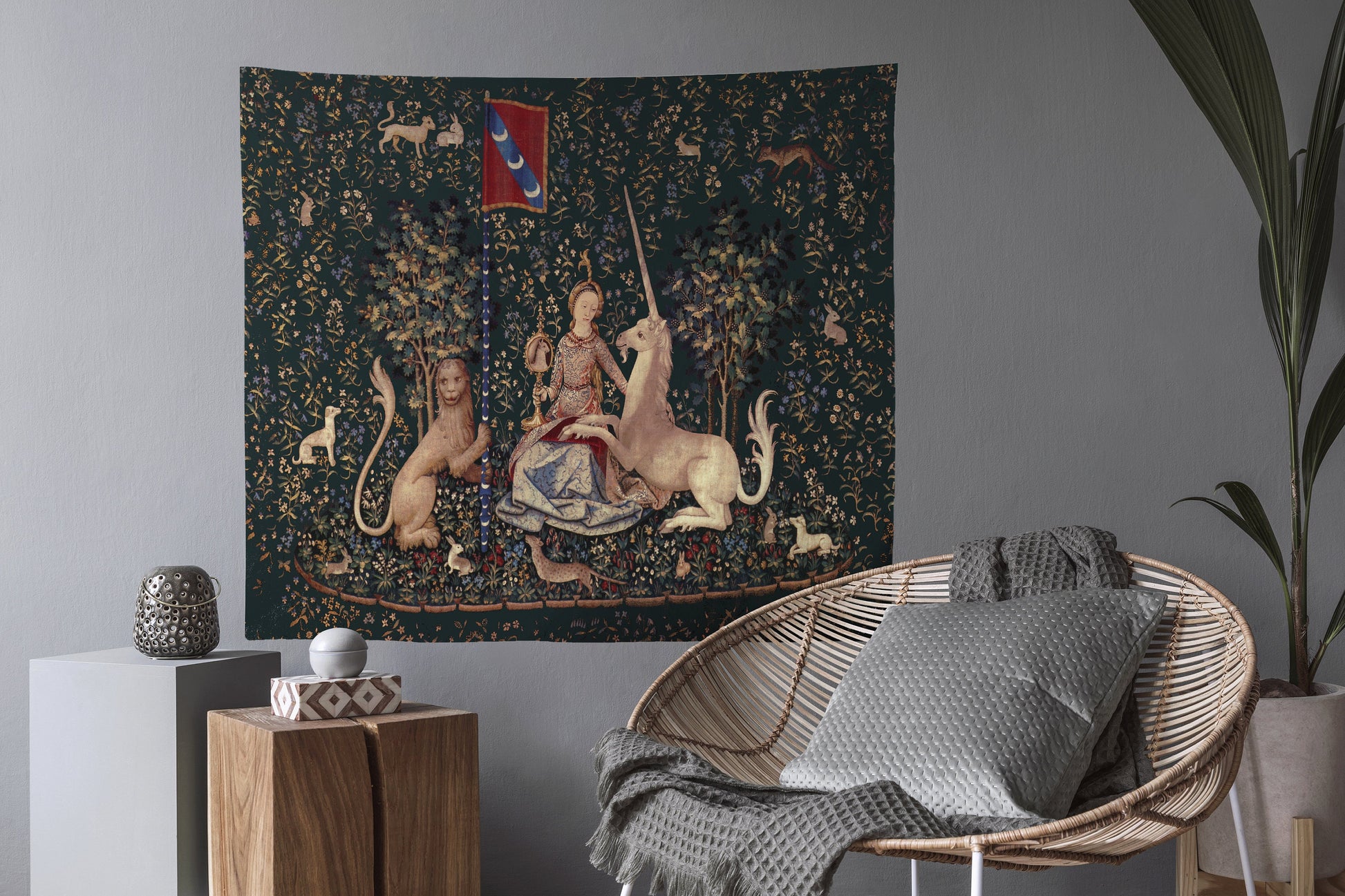 Lady With Unicorn Tapestry: Maroon & Dark Green - Raphael Art by DesignBohemian