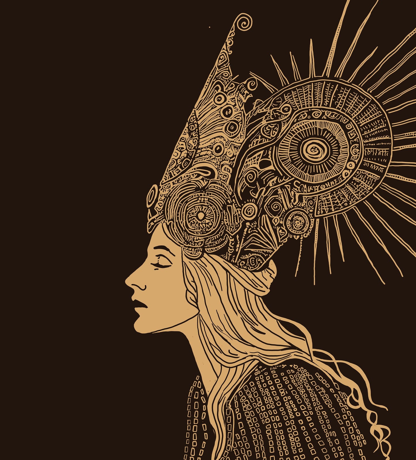 Sun Goddess Art - Hand Drawn Print, Sun Worshipper, Dark Academia, Beige and Gold (No Frame)