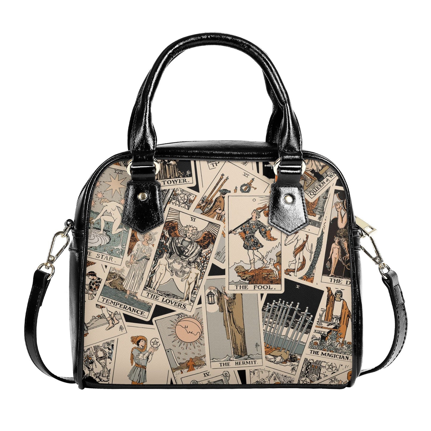Tarot Cards Handbag- Beige Rider Waite Print - Tarot Purse - Vegan Leather Shoulder Handbag