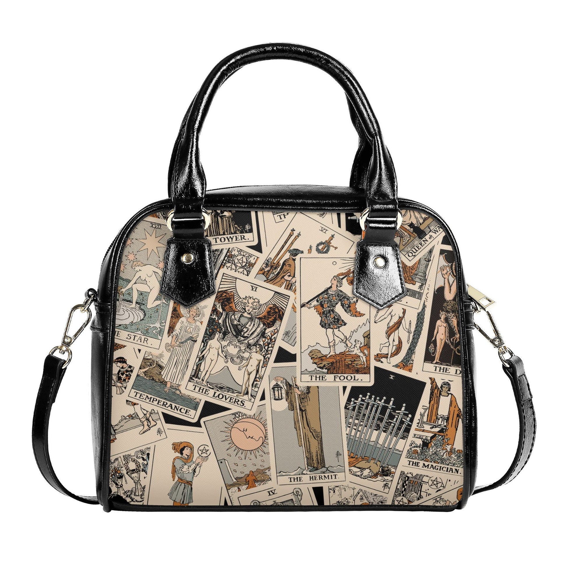 Tarot Cards Handbag- Beige Rider Waite Print - Tarot Purse - Vegan Leather Shoulder Handbag