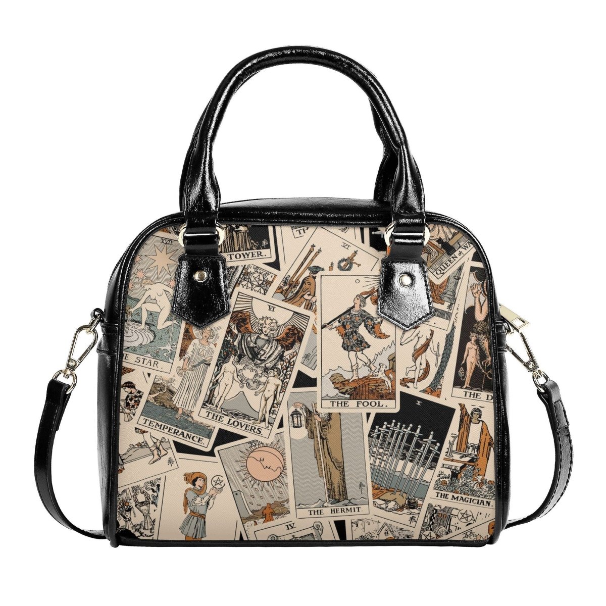 Tarot Cards Handbag- Beige Rider Waite Print - Tarot Purse - Vegan Leather Shoulder Handbag