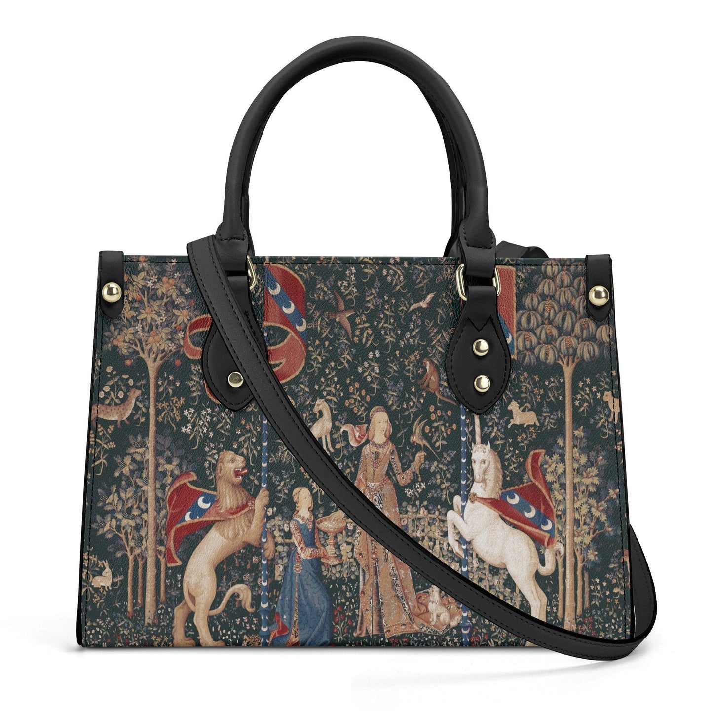 Lady with Unicorn Purse - Dark Green Handbag - Luxury Vegan Leather - With Shoulder Strap