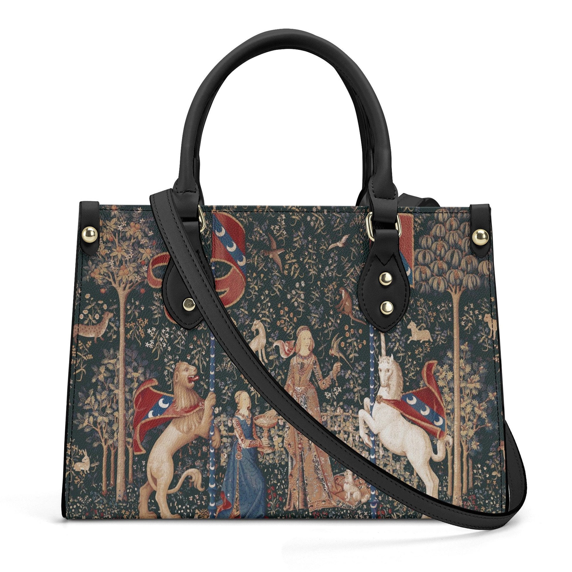 Lady with Unicorn Purse - Dark Green Handbag - Luxury Vegan Leather - With Shoulder Strap