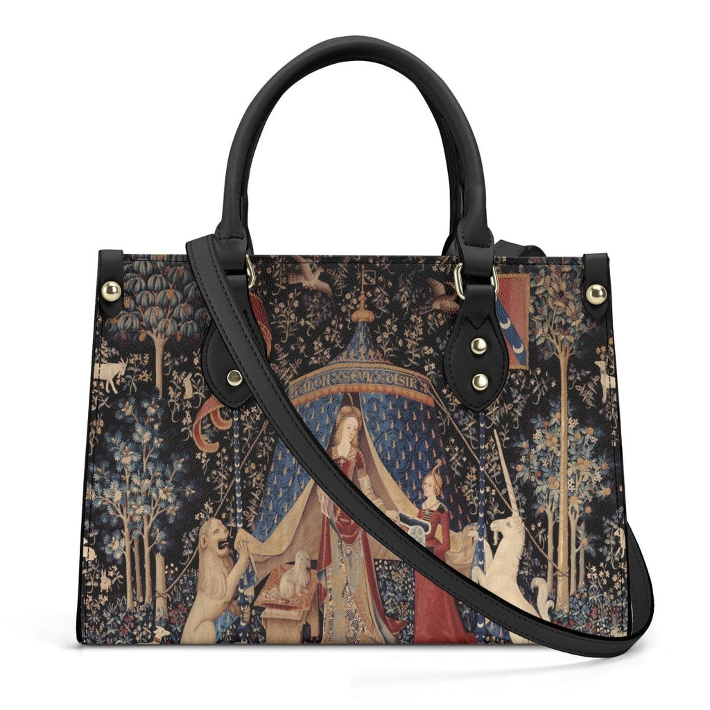 Lady with Unicorn Black Handbag - Luxury Vegan Leather - With Shoulder Strap