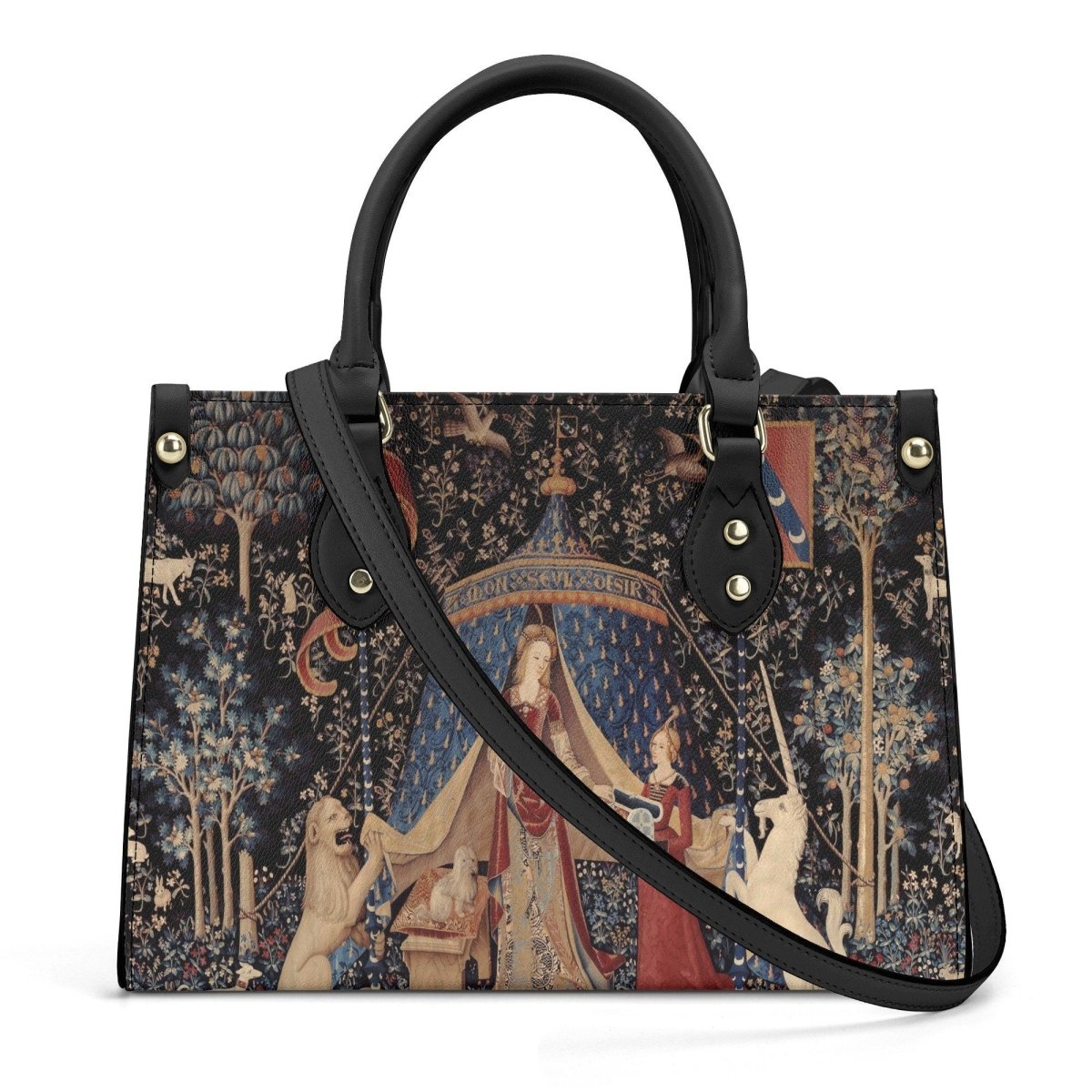 Lady with Unicorn Black Handbag - Luxury Vegan Leather - With Shoulder Strap