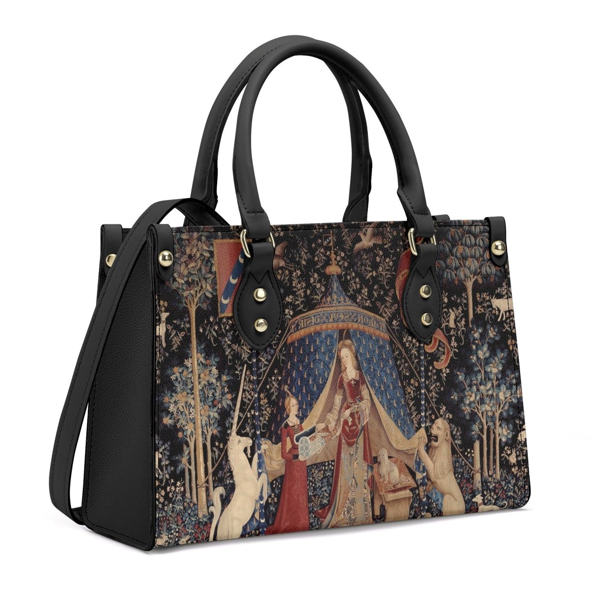 Lady with Unicorn Black Handbag - Luxury Vegan Leather - With Shoulder Strap