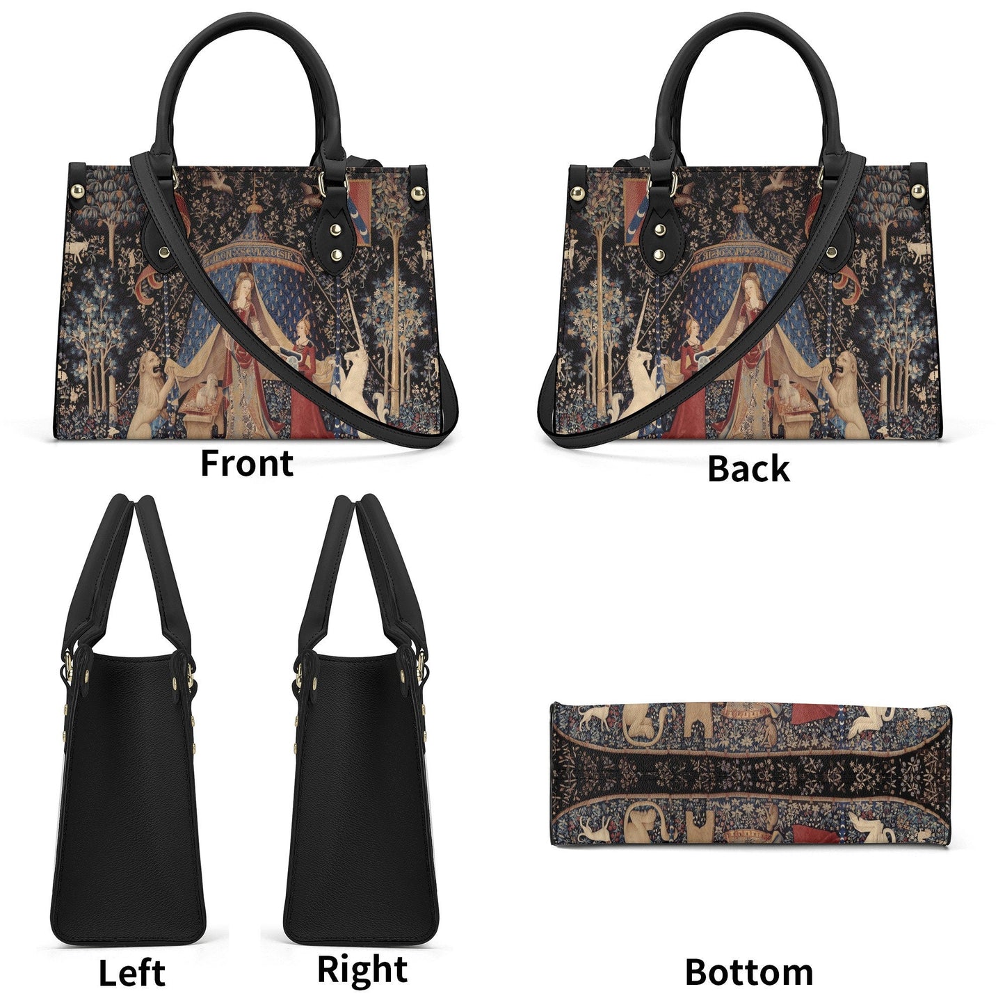 Lady with Unicorn Black Handbag - Luxury Vegan Leather - With Shoulder Strap