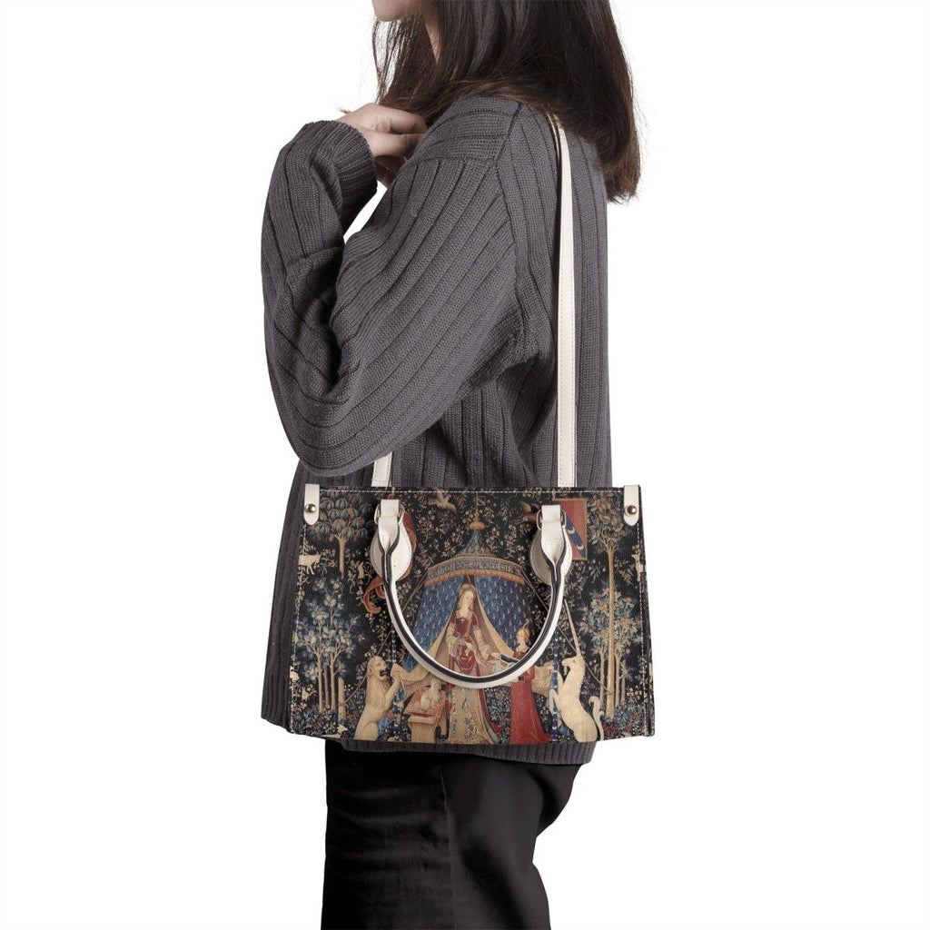 Lady with Unicorn Black Handbag - Luxury Vegan Leather - With Shoulder Strap