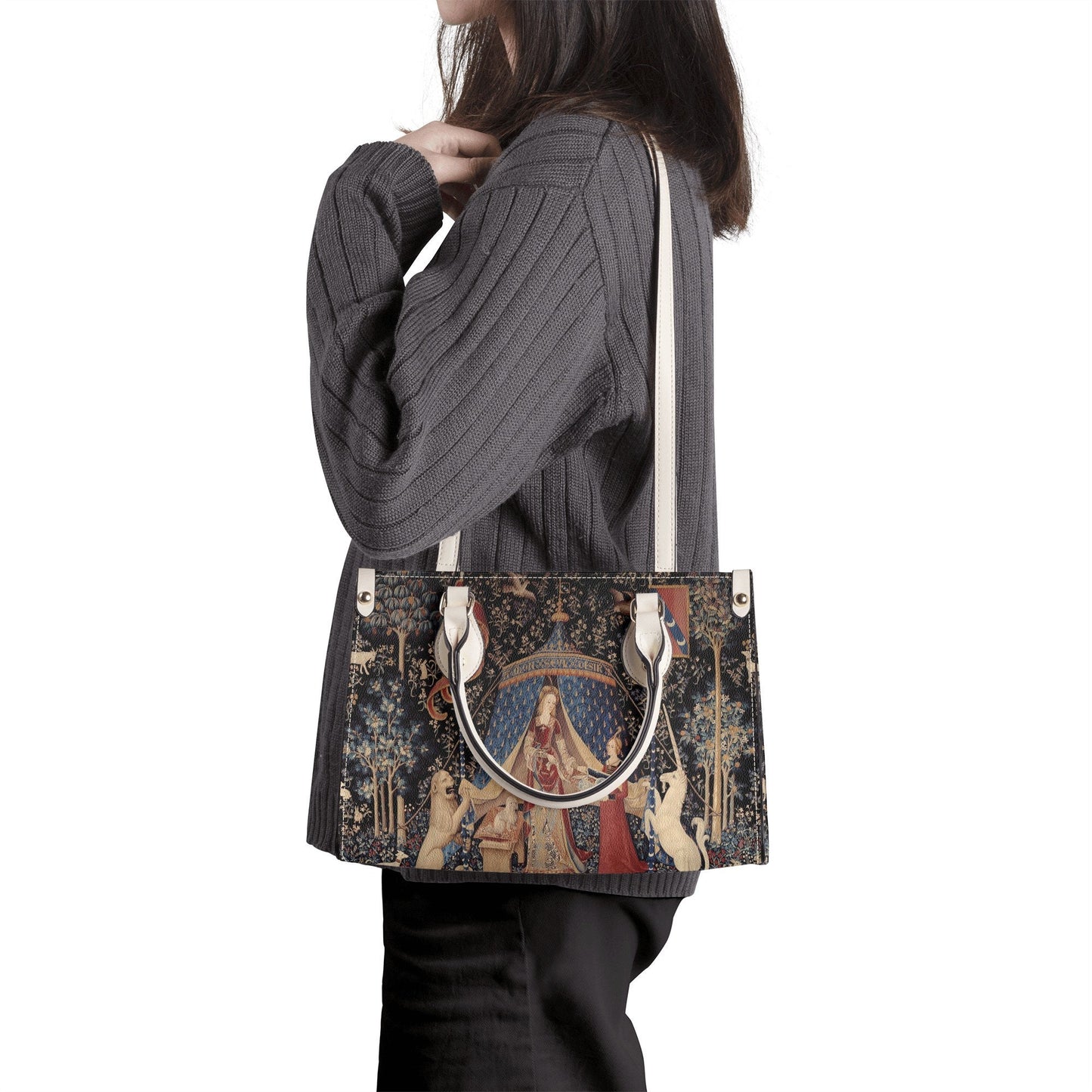 Lady with Unicorn Black Handbag - Luxury Vegan Leather - With Shoulder Strap