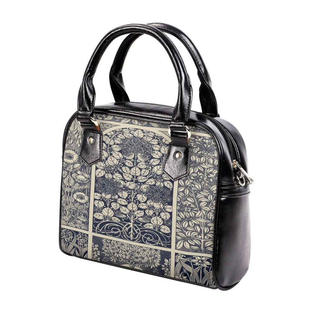 Blue Vintage Handbag- Floral Art Nouveau Purse - Beige and Indigo Vegan Leather Shoulder Handbag