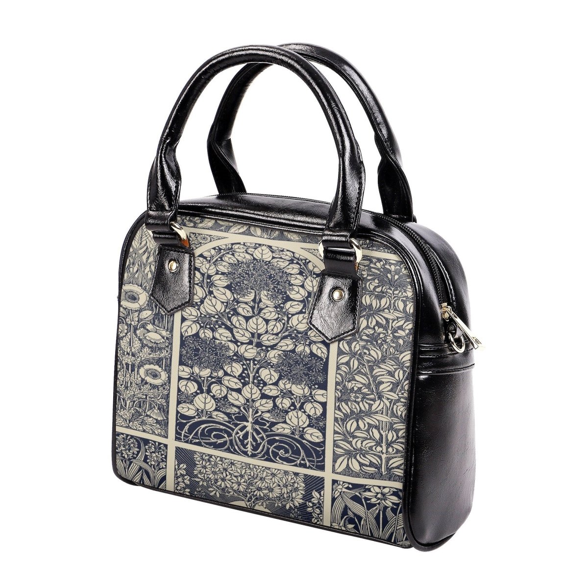 Blue Vintage Handbag- Floral Art Nouveau Purse - Beige and Indigo Vegan Leather Shoulder Handbag