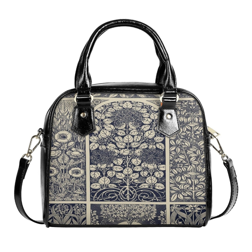 Blue Vintage Handbag- Floral Art Nouveau Purse - Beige and Indigo Vegan Leather Shoulder Handbag