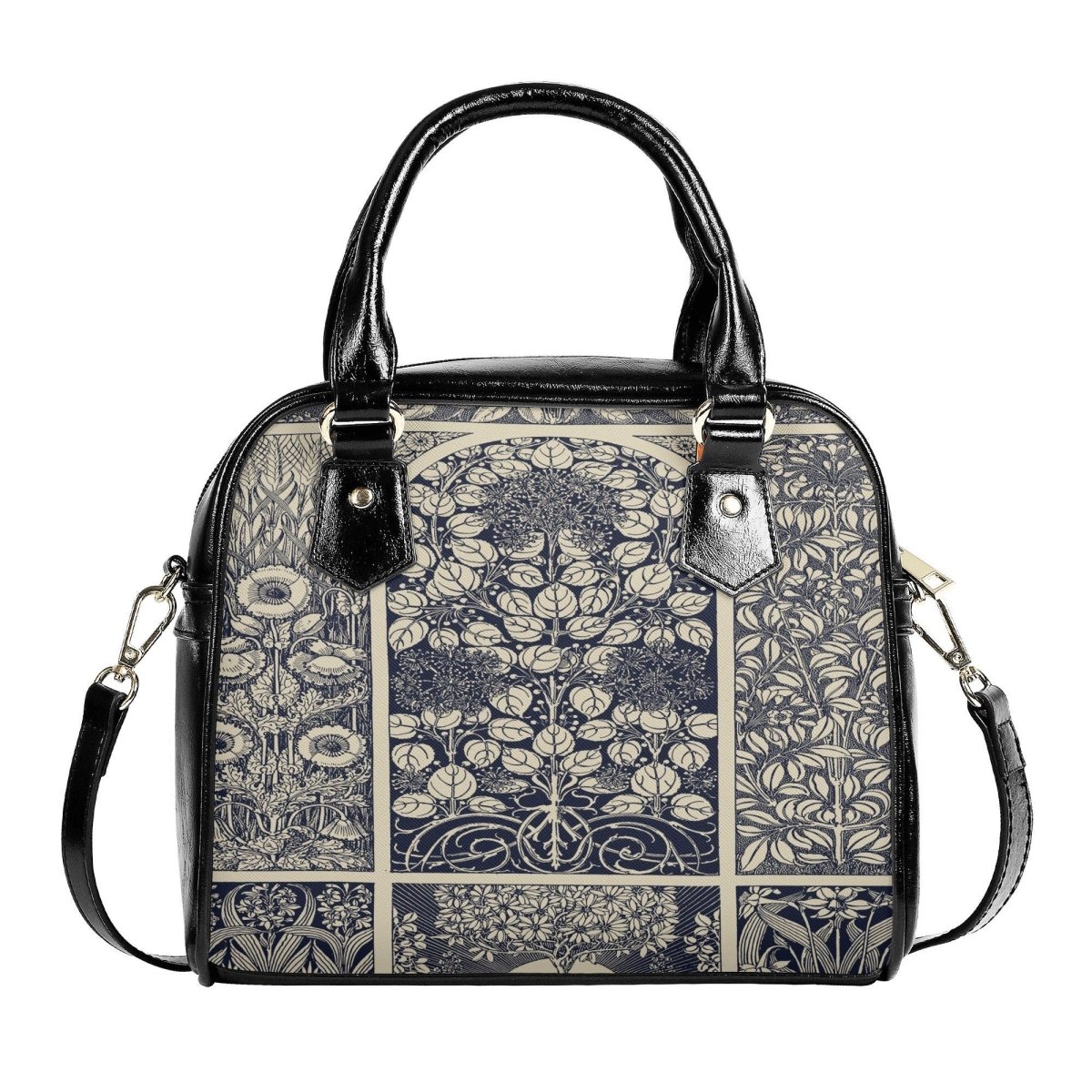 Blue Vintage Handbag- Floral Art Nouveau Purse - Beige and Indigo Vegan Leather Shoulder Handbag