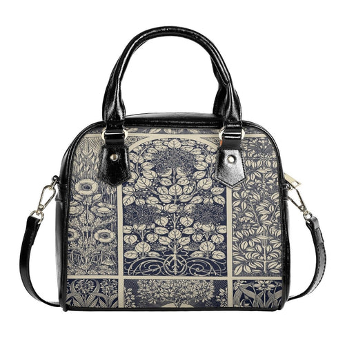 Blue Vintage Handbag- Floral Art Nouveau Purse - Beige and Indigo Vegan Leather Shoulder Handbag