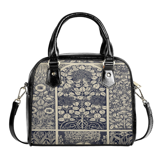 Blue Vintage Handbag- Floral Art Nouveau Purse - Beige and Indigo Vegan Leather Shoulder Handbag