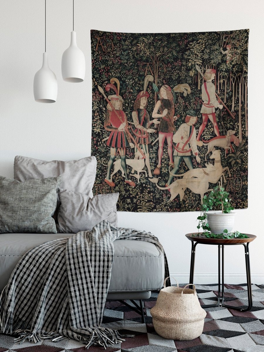 The Hunters Enter the Woods Tapestry - From The Unicorn In Captivity Series (Printed)