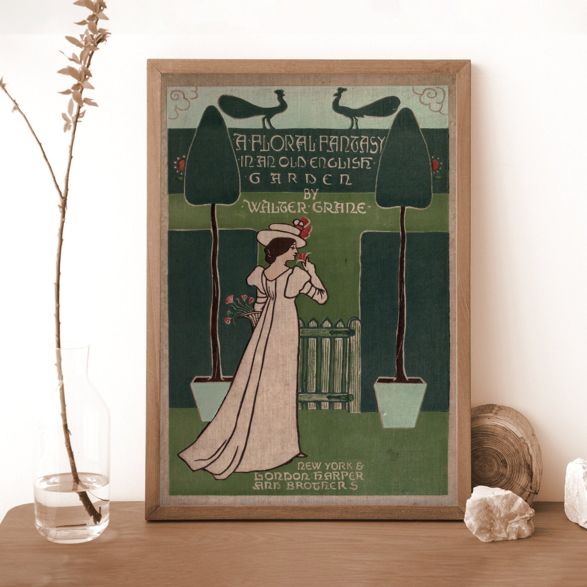 Vintage Book Print - Walter Crane - Nouveau Print - Bohemian Print - Green and Pink - Floral Fantasy