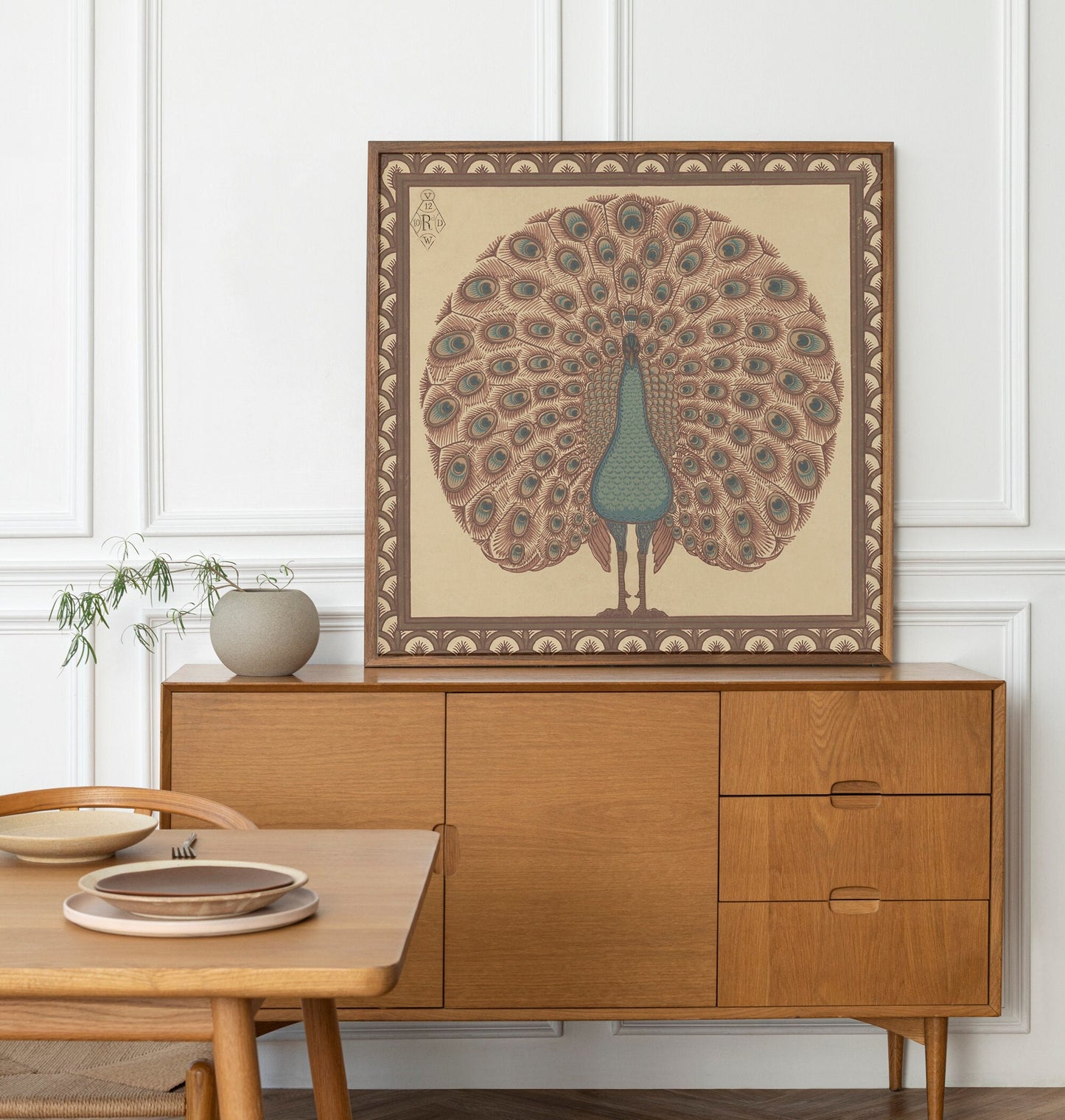 Vintage Peacock Print - Art Nouveau art print, Vintage Brown wall art, painting - Bird Print - Blue and Beige