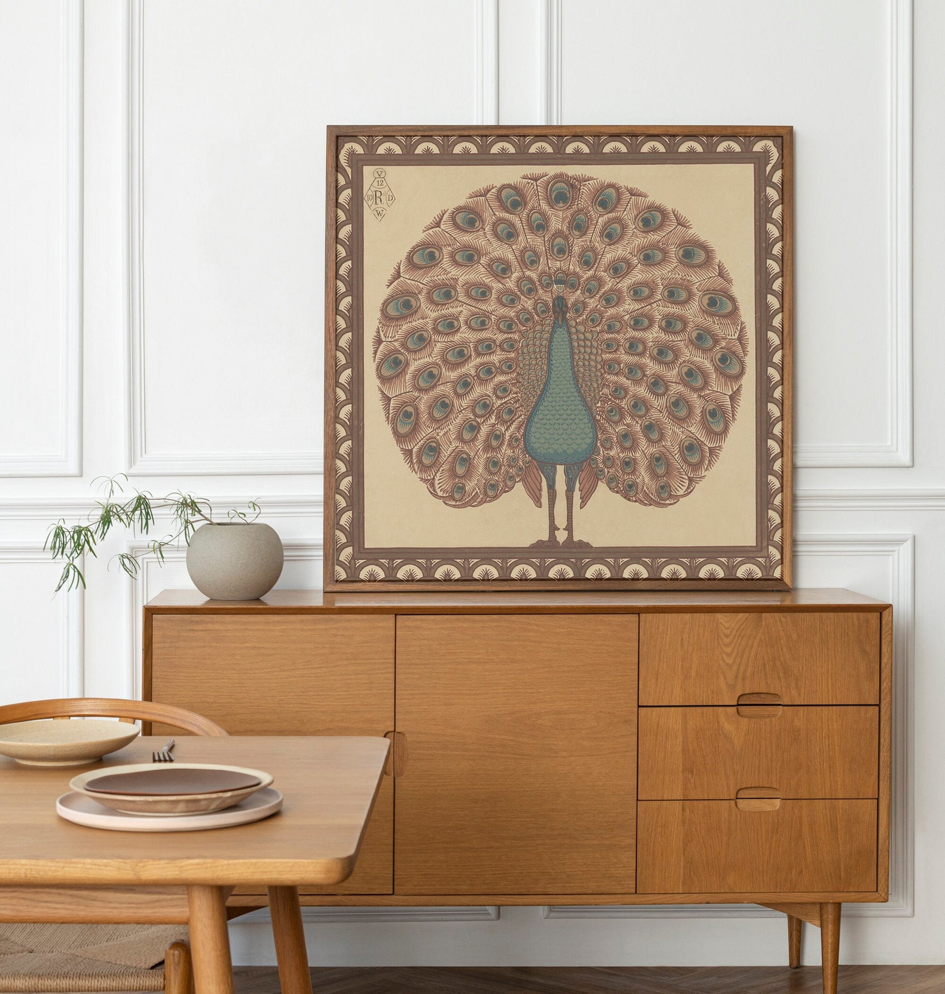 Vintage Peacock Print - Art Nouveau art print, Vintage Brown wall art, painting - Bird Print - Blue and Beige