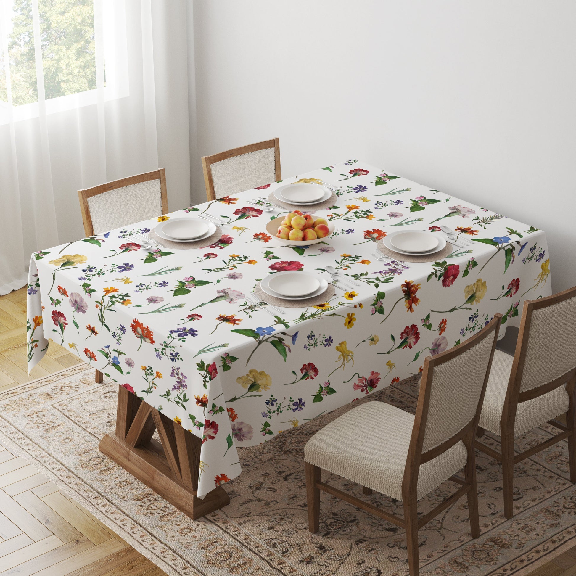 White Tablecloth - Rectangle and Round Sizes - Vintage Floral Design - Summer Floral Table Cloth - All Cotton