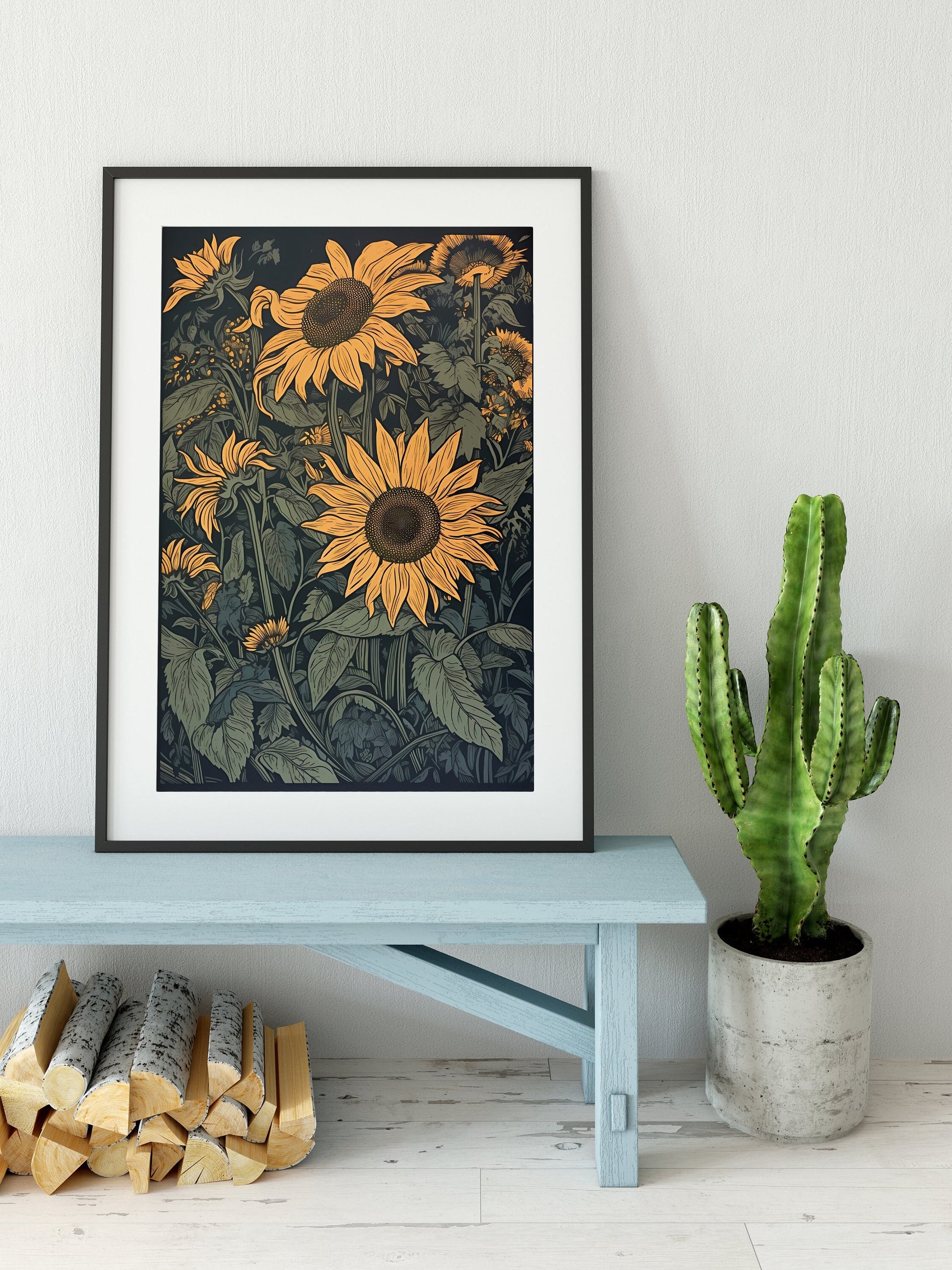 Vintage Sunflowers Print - Blue and Yellow - Bohemian - Large Artwork