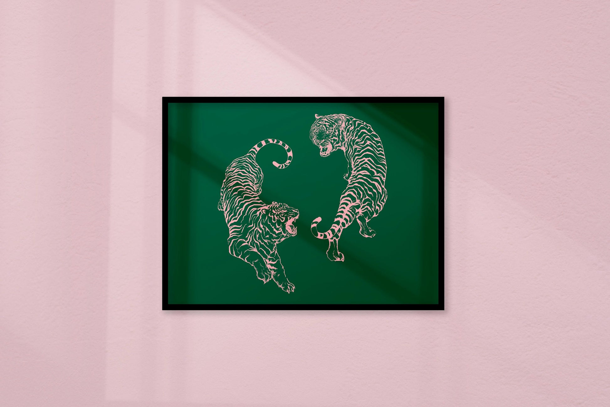 Pink Tigers Print - Japanese Tigers - Dark Green Background