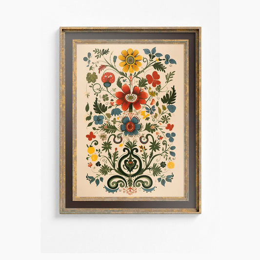 Floral Folk Art Print: Red, Green, and Neutral Mandala by DesignBohemian