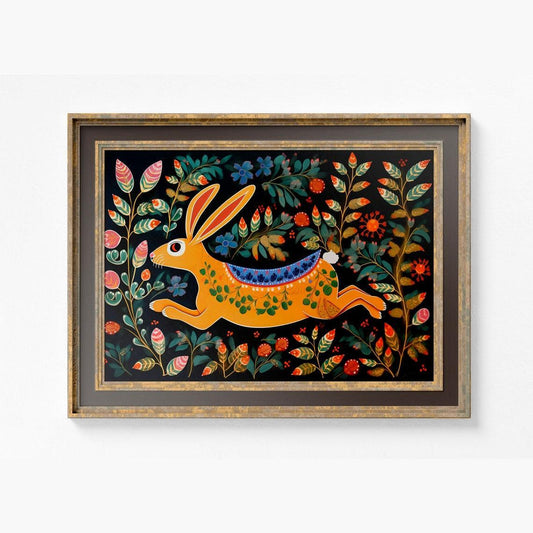 Rabbit Folk Art Print - Bunny Wall Art - Rabbit Spirit Poster - Folk Art Bunny and Flowers - Vintage Beige