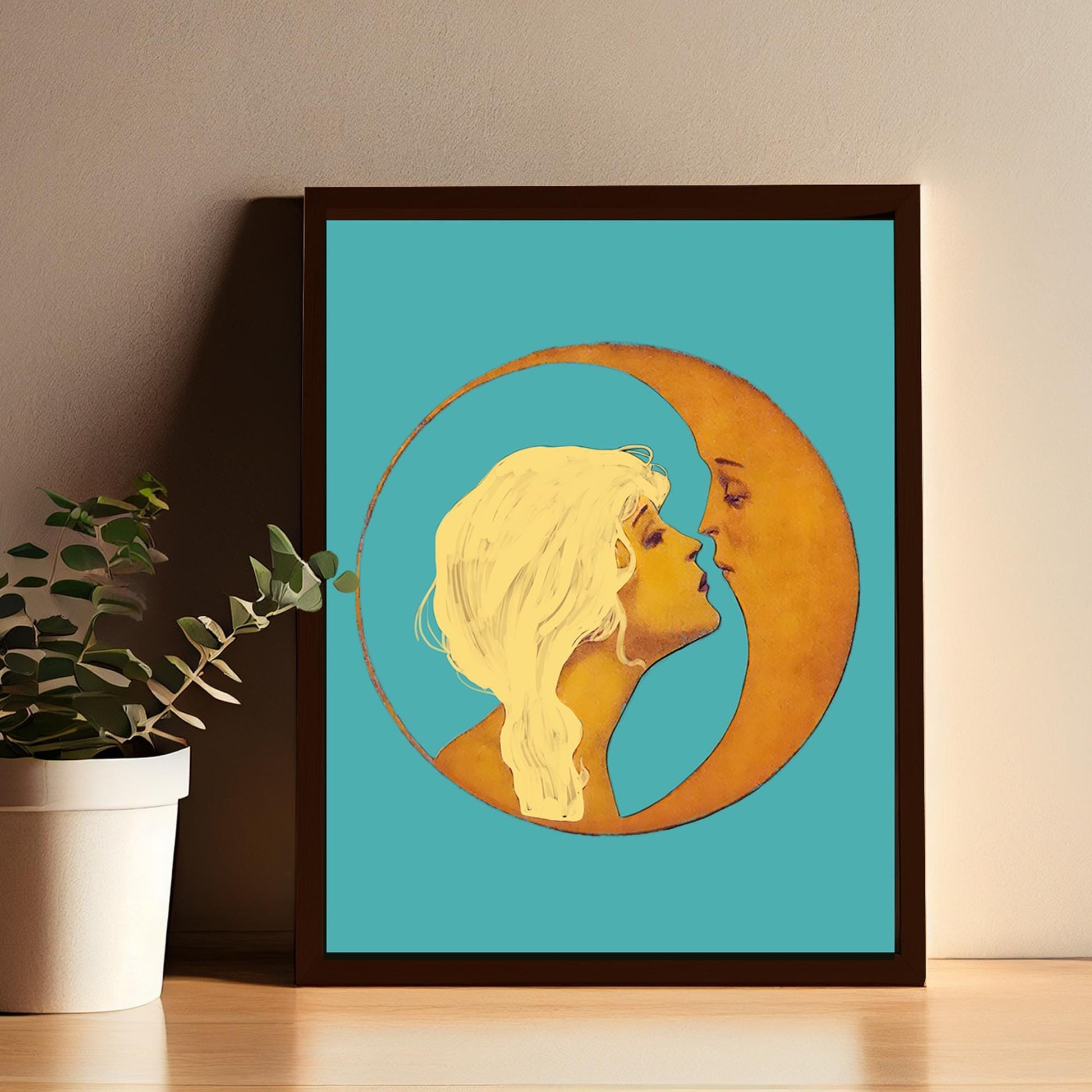 Woman Kissing Moon in Teal - Art Nouveau Print Bohemian Print Artwork - Blonde - Blue Wall Art