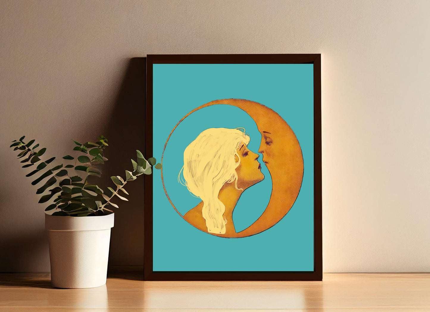 Woman Kissing Moon in Teal - Art Nouveau Print Bohemian Print Artwork - Blonde - Blue Wall Art