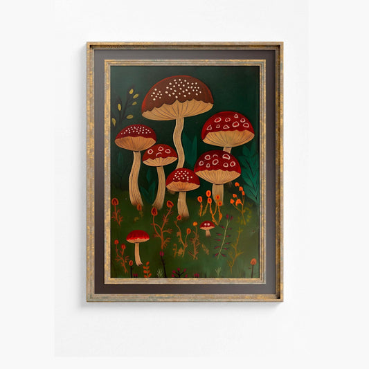 Red Mushroom Print: Vintage Folk Art Illustration by DesignBohemian