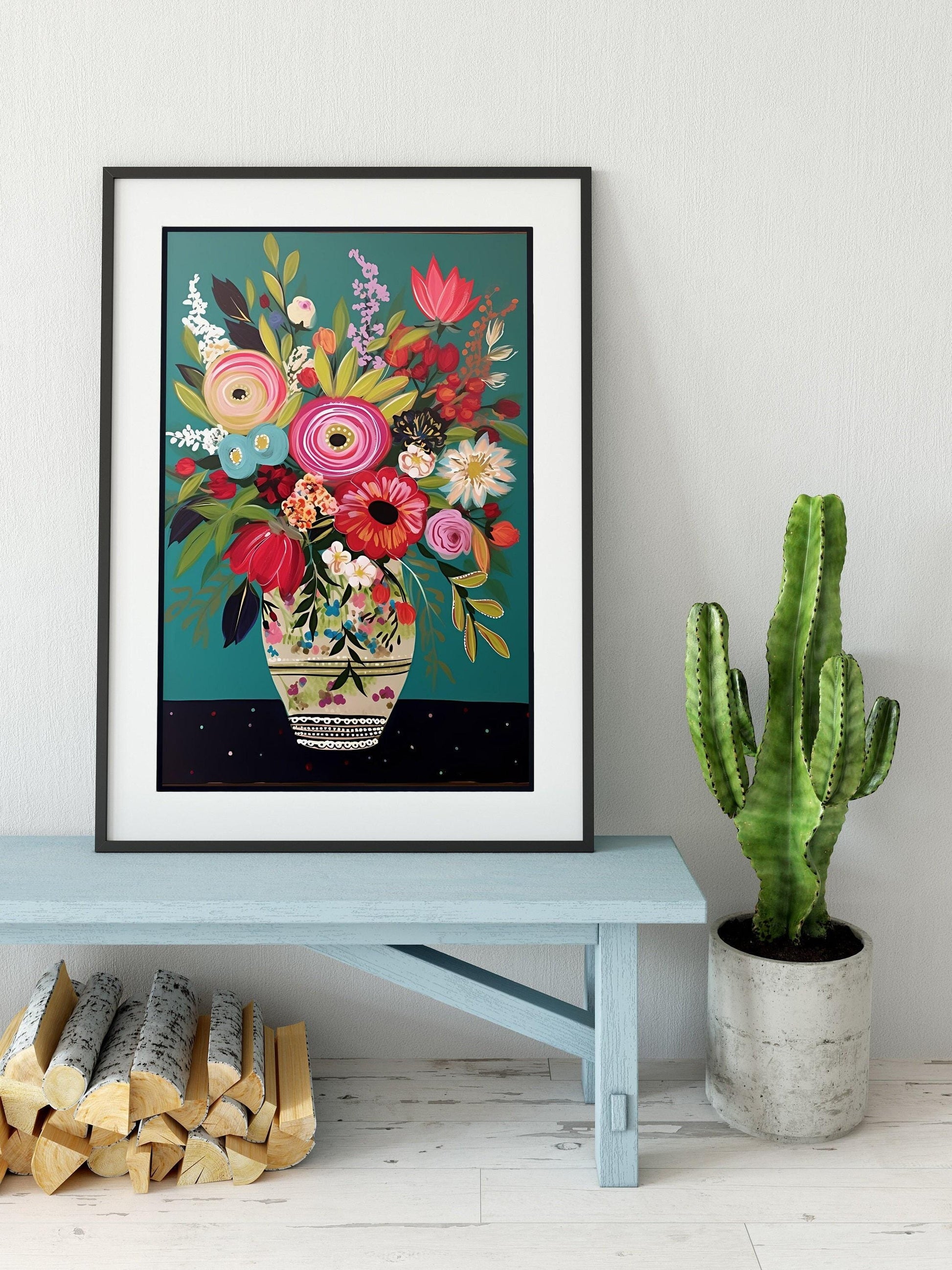Colorful Bouquet Art - Folk Art Flowers - Bright Colors Floral Wall Decor