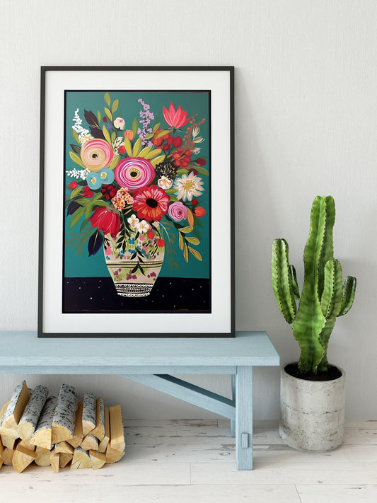 Colorful Bouquet Art - Folk Art Flowers - Bright Colors Floral Wall Decor