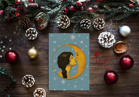 Woman Kissing Moon Holiday Cards - Goddess Christmas Card - Vintage Holiday Card - Set of 5 or 10 Cards by DesignBohemian
