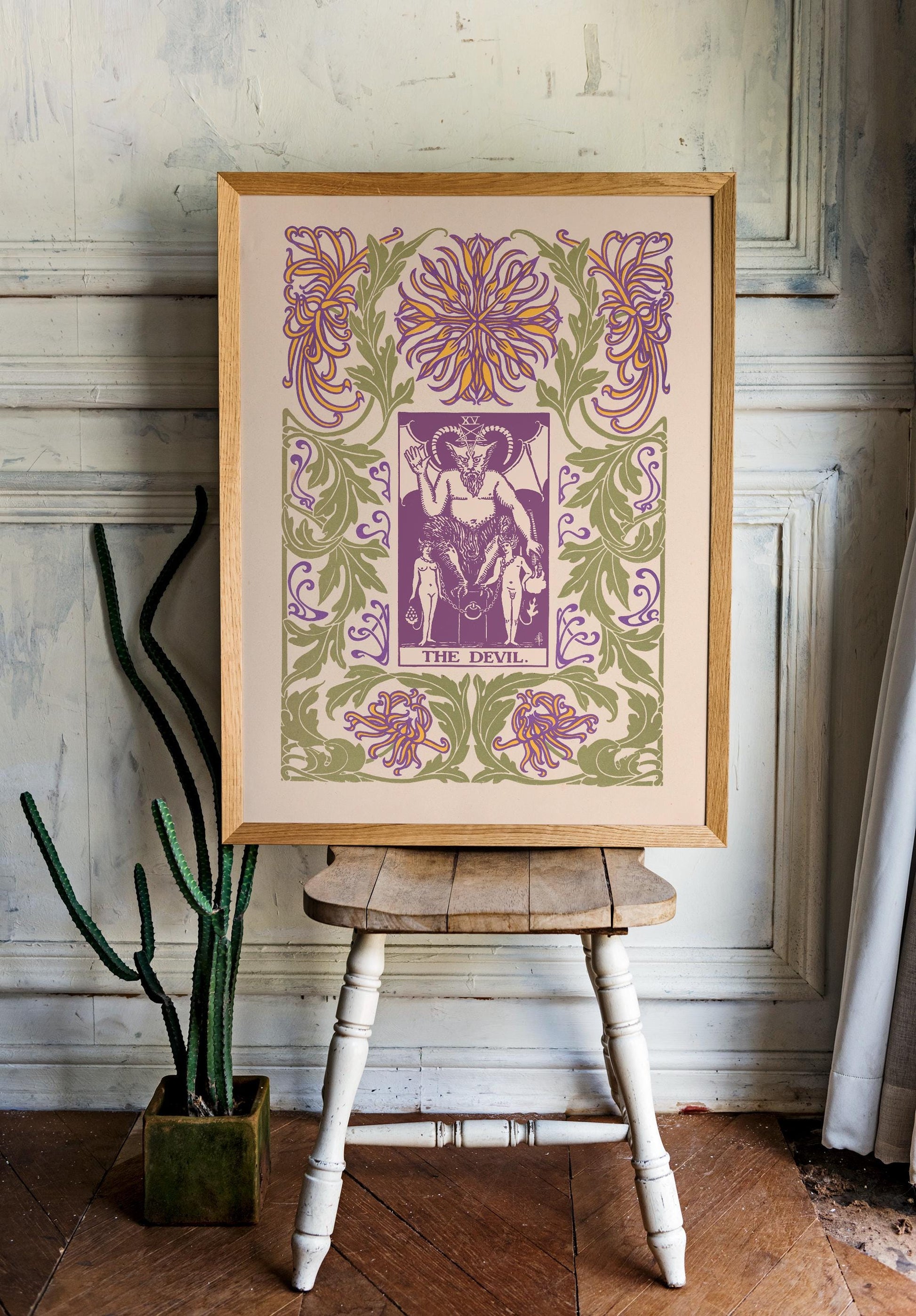 The Devil Card Print - Floral Nouveau Tarot - Unique Tarot Print - Vintage Tarot Art - Purple and Green