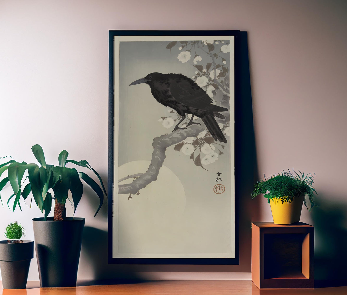 Japanese Woodblock - Crow and Moon - Bohemian Vintage - Print Large Artwork - Floral - Long Poster - 1800s by DesignBohemian