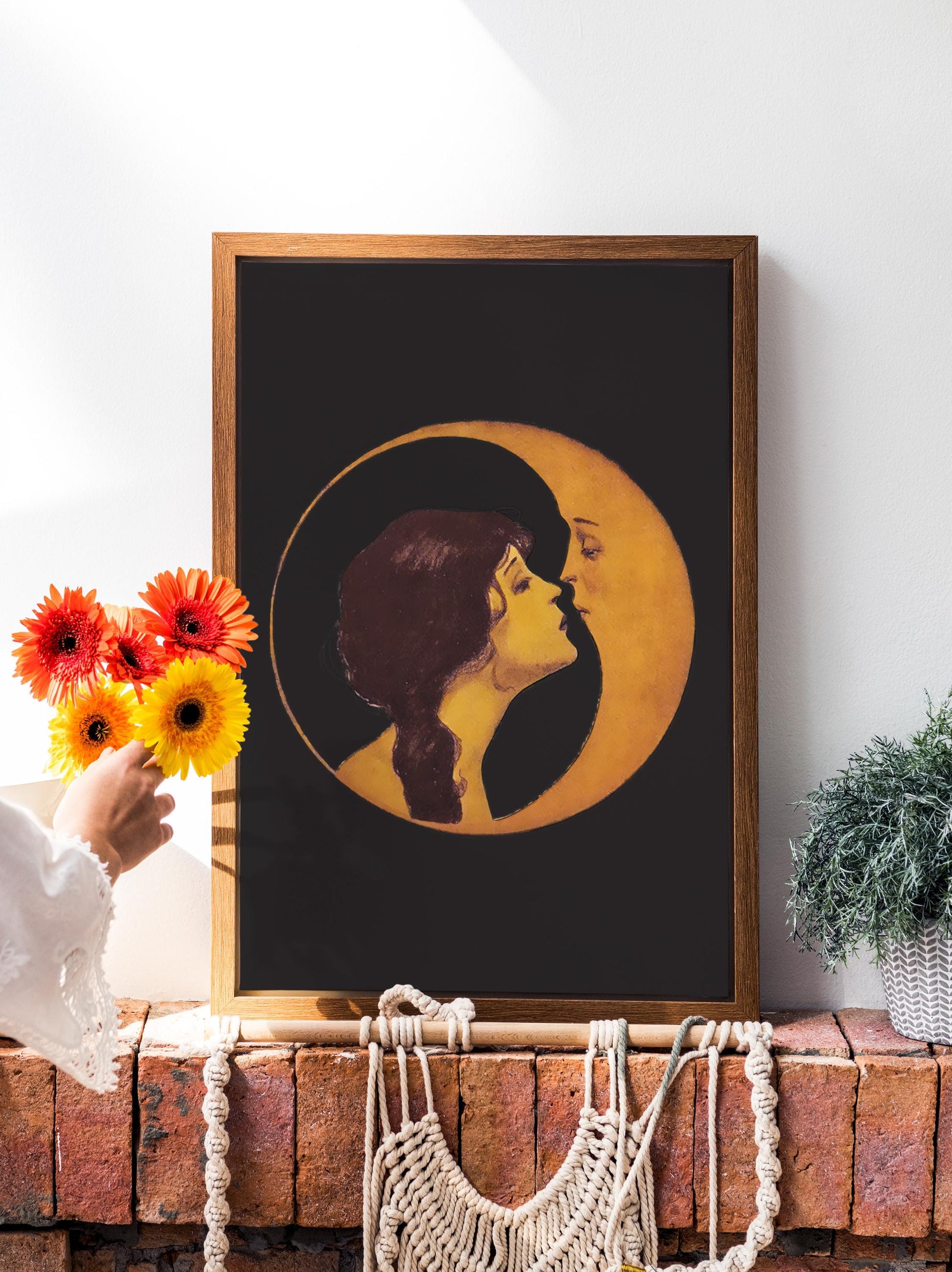 Woman Kissing Moon- Art Nouveau Print Bohemian Print Artwork - Black Background