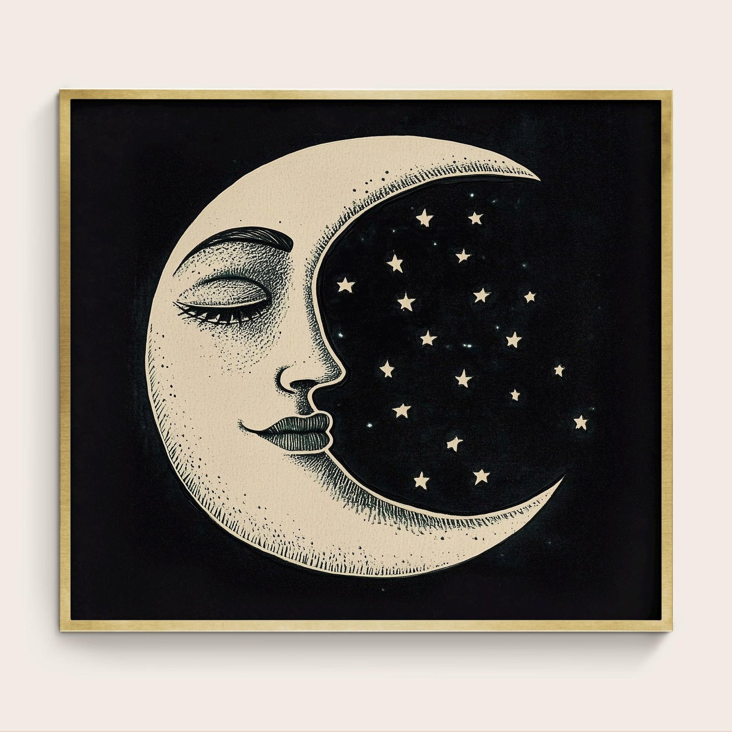 Vintage Moon Print - Black and Beige - Moon with Face - Art Nouveau - Shabby Chic Moon