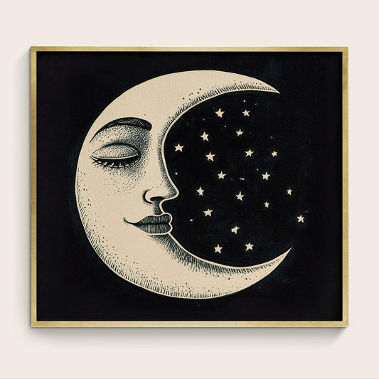 Vintage Moon Print - Black and Beige - Moon with Face - Art Nouveau - Shabby Chic Moon