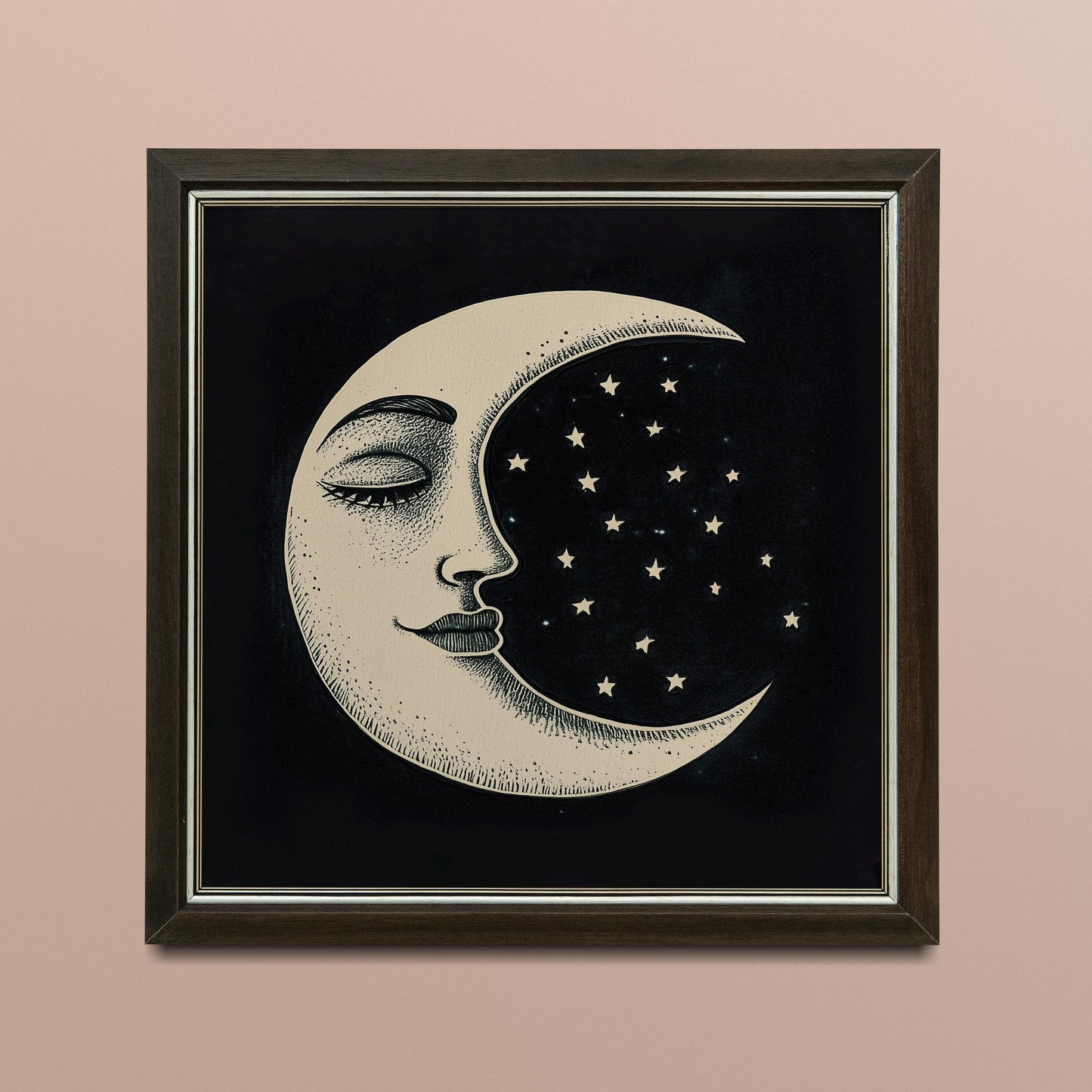 Vintage Moon Print - Black and Beige - Moon with Face - Art Nouveau - Shabby Chic Moon